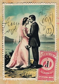 Vintage postage stamp with wedding adult togetherness architecture.