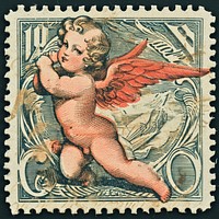 Vintage postage stamp with cupid representation creativity needlework.