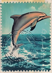 Vintage postage stamp with dolphin animal mammal fish.