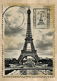 Vintage postage stamp with eiffel tower architecture banknote outdoors.