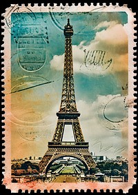 Vintage postage stamp with eiffel tower architecture banknote landmark.