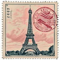 Vintage postage stamp with eiffel tower architecture paper banknote.