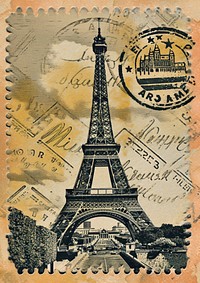 Vintage postage stamp with eiffel tower paper architecture calligraphy.