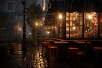 Coffee shop in rainy day illuminated lighting street.
