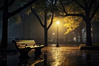 A rainy night bench park illuminated.