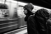 Asain woman backpacker in back train station adult.