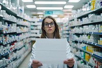 White paper sign pharmacy holding glasses.