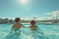 2 kids in icebergs pool swimming outdoors vacation.
