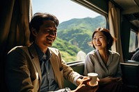 Asian couple with hot coffee mountain window adult.