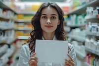 White paper sign pharmacy holding female.