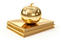 Stack of books with apple gold shiny white background.