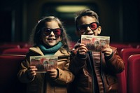Children holding movie tickets portrait glasses photo.