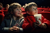 Children sipping on soda in cinema portrait photo togetherness.