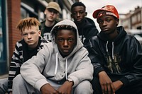 Group of boys in hiphop streetwear portrait photo architecture.