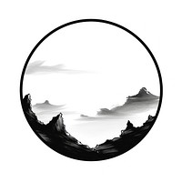 Stroke outline moutain and sun frame circle nature black.