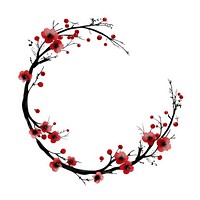 Outline red plum flowers frame circle plant white background.