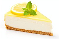 Lemon cheesecake dessert food white background.