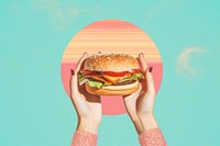 Collage Retro dreamy hands holding burger food hamburger freshness.