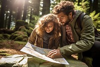 Mixed race couple reading map outdoors travel plant.