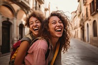 Mixed race friends travel italy cheerful laughing adult.