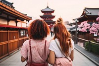 Mixed race friends travel japan adult togetherness spirituality.