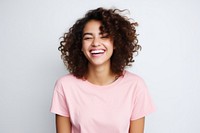 Very happy American woman laughing t-shirt smile.