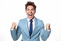 Very happy young businessman shouting adult white background.
