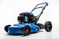 A blue and black modern lawn mower plant grass white background.