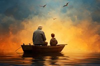 GRandfather and grandson fishing on boat outdoors vehicle nature.