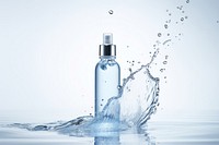 Minimal blue Skincare bottle with splash cosmetics perfume falling.