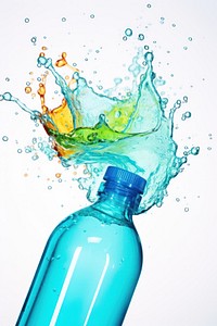 Soap bottle with splash falling refreshment splattered.