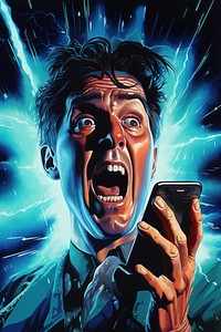A man yelling at his phone portrait comics adult.