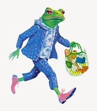 Frog character holding net bag digital art illustration