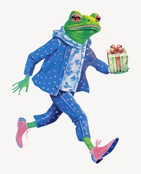 Frog character holding gift box digital art illustration