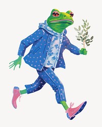 Frog character holding leaf digital art illustration