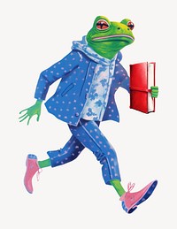 Frog character holding book digital art illustration
