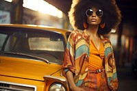 Woman in hippie clothing sunglasses vehicle fashion. AI generated Image by rawpixel.