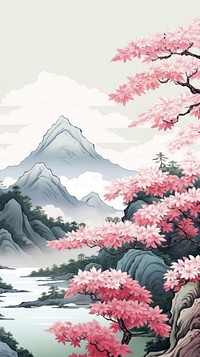  Japanese flowers and mountain landscape outdoors painting. AI generated Image by rawpixel.
