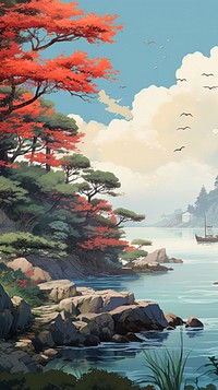  Japanese nature scenery landscape outdoors painting. AI generated Image by rawpixel.