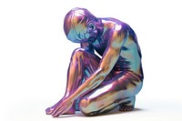 Sad human sculpture iridescent white background creativity kneeling.