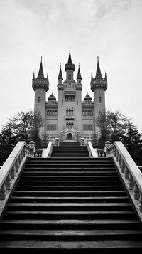 Photography of castle architecture monochrome staircase.