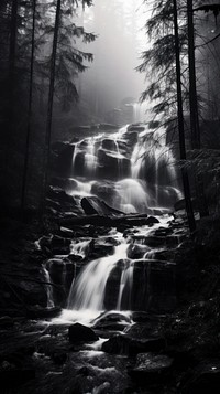 Photography of forest with waterfalls monochrome outdoors nature.