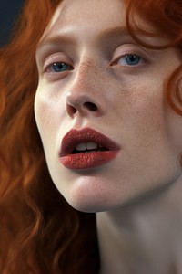 Woman opened her mouth wide skin lipstick portrait.