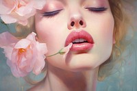 Lips and rose lipstick painting portrait.