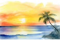 Sunset at the beach and coconut tree painting outdoors nature.