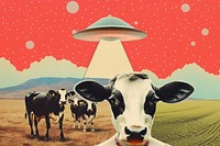 Collage Retro dreamy of alien cow livestock outdoors.