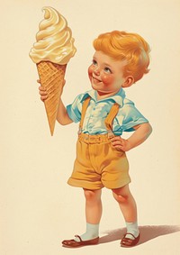 Vintage illustration of little boy dessert cream food.