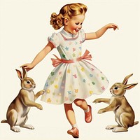Vintage illustration of little girl mammal animal rabbit.