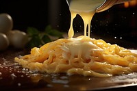 Italian chef precisely melting cheese food refreshment spaghetti.