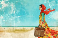 Happy Iranian woman with suitcase painting holiday bag.